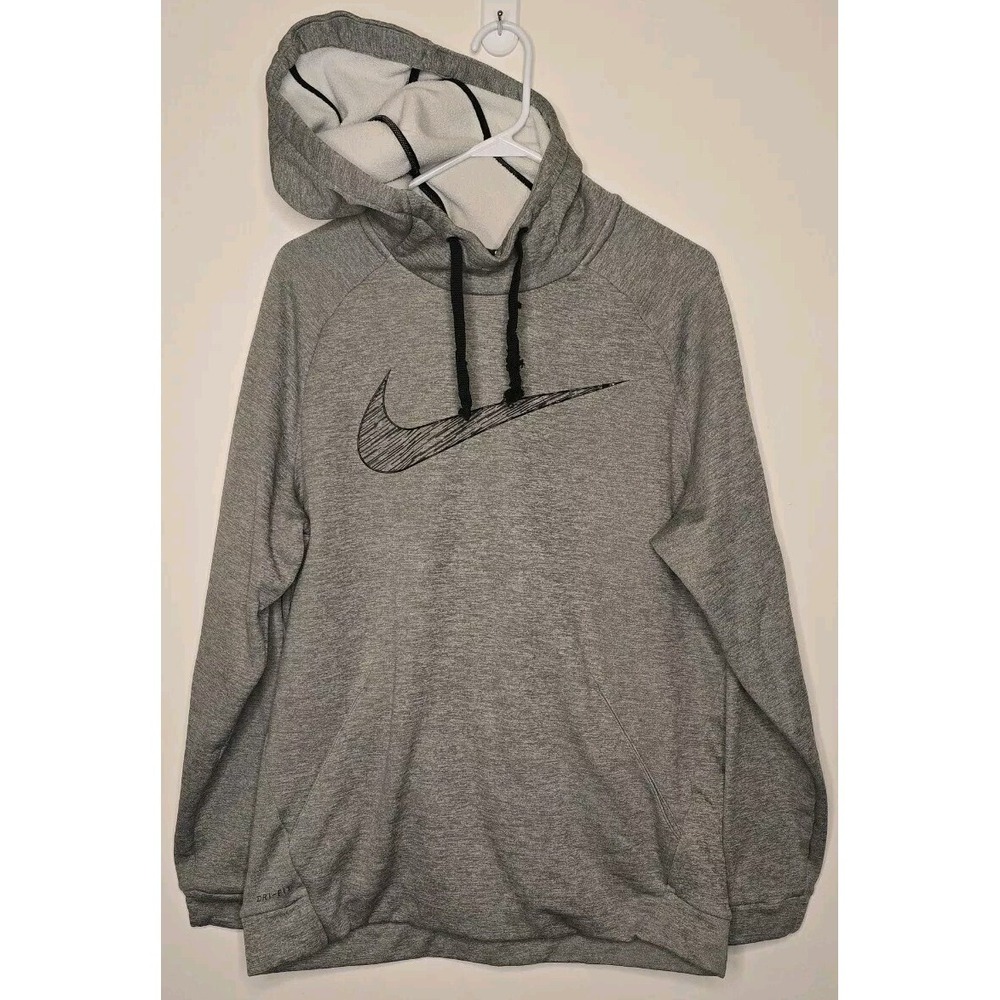 Nike‎ Hoodie Mens L Gray Dri Fit Pullover Big Swoosh Kangaroo Pocket Cowl Neck